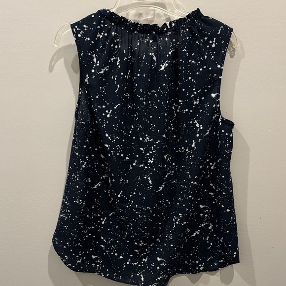 Ann Taylor Navy and White Splatter Blouse Button Detail &Subtle Ruffle Neckline - Picture 2 of 7